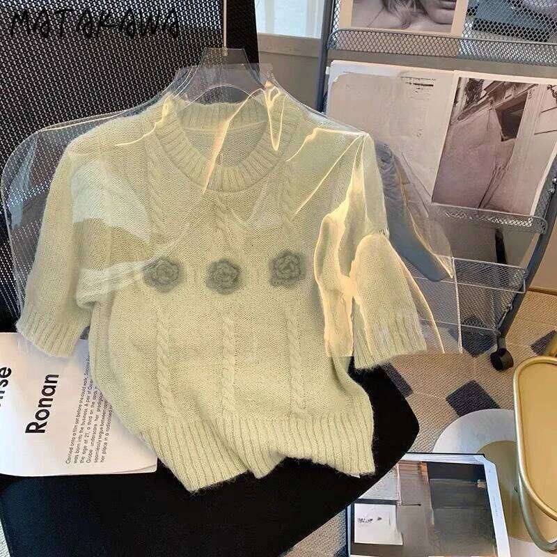 Matakawa Thin Sweaters Women Tops Spring Summer 3D Flowers Sweet Pullovers Korean Fashion Vintage Short Sleeve Pull Femme