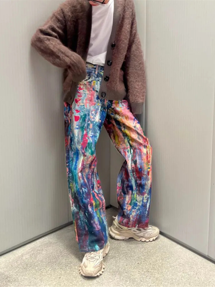 Ropa Y2K Streetwear Graffiti Painting Baggy Jeans Pants For Men Clothes Colorblock Wide Leg Denim Trousers 260326