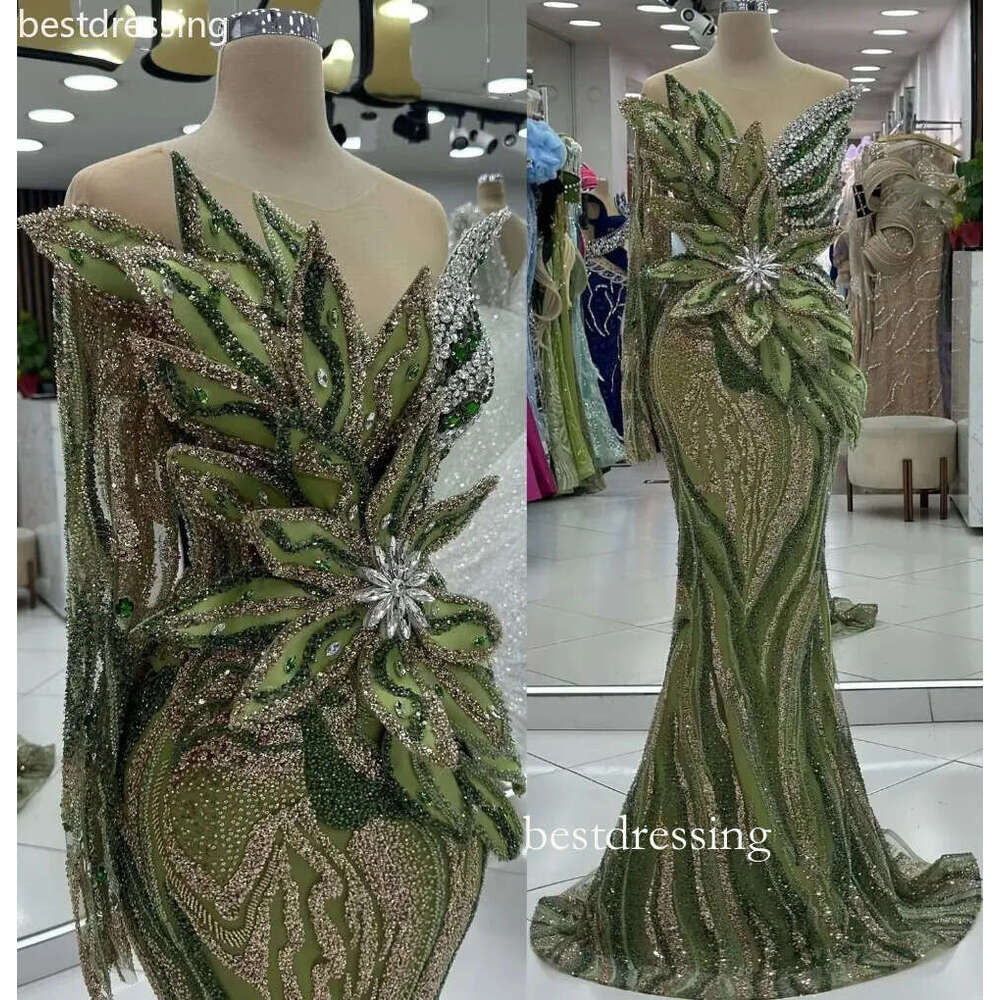 2025 Plus Size Olive Green Prom Dresses Special Occasions Florals Rhinestones Sequined Evening Party Birthday Gowns Dress For Women Vestidos De Novia 