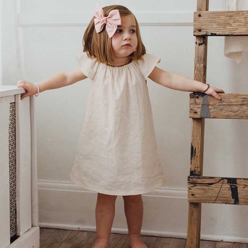 Girls Dresses Summer New Linen Bamboo Fiber Blend Solid Color Cute Little Flying Sleeve Princess Dresses Childrens ClothingT260330
