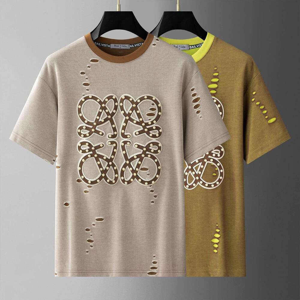 European fashion design ripped short-sleeve luxury new summer trendy embroidered T-shirt men's half-sleeve tee