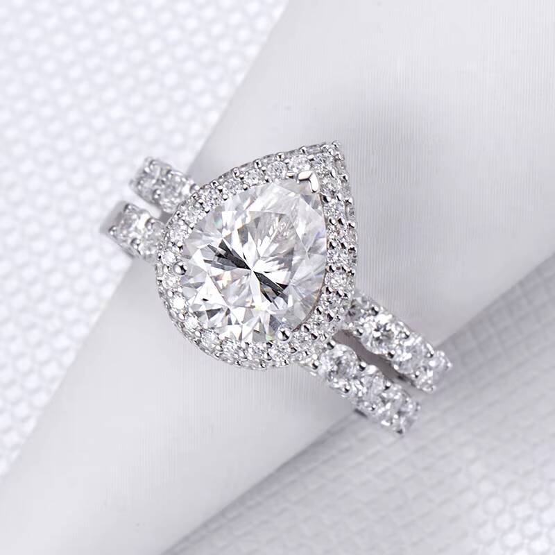 Messi Jewelry Luxury Design Wedding Engagement 925 Silver 14K Pear Cut Lab Diamond Halo Ring