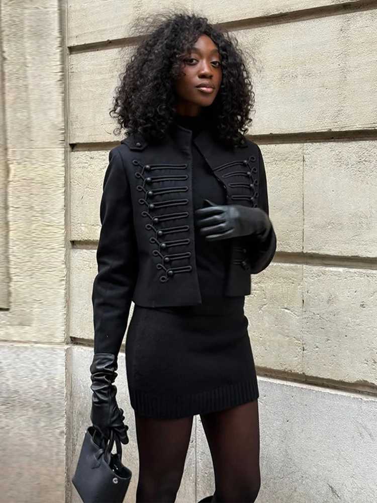 Womens Napoleon Style Black Cropped Jacket Coat Long Sleeve Tops Braided Button Trim Vintage Slim Fit Fashion Lady OuterwearT260328