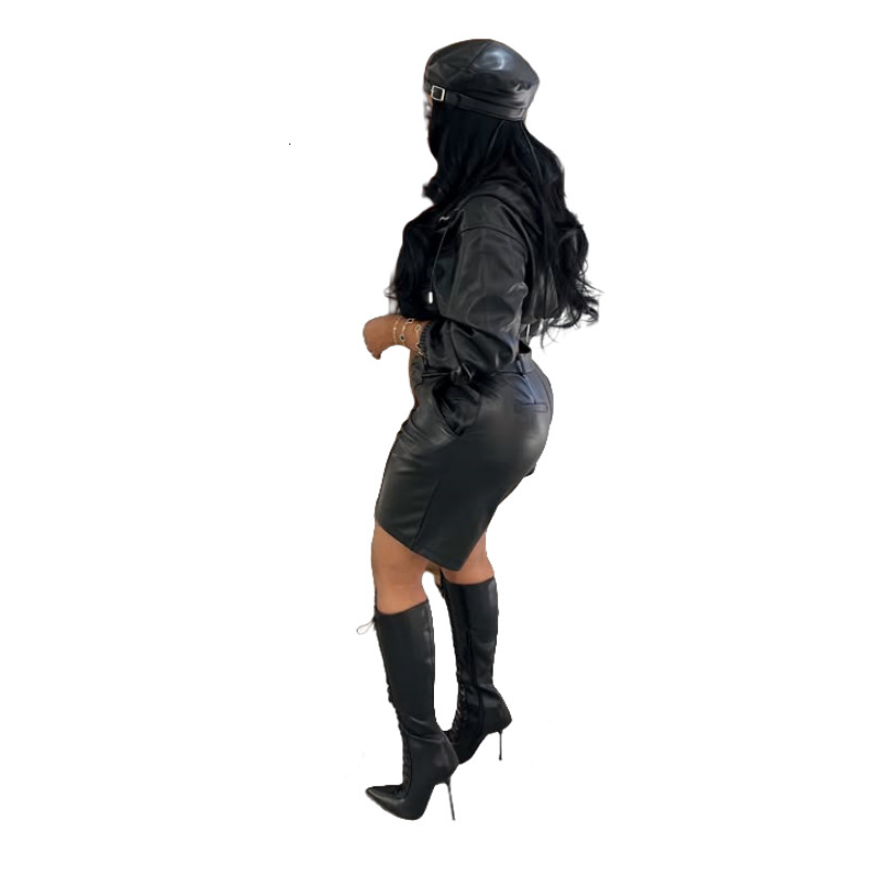 New leather jacket and shorts set MZ88672 with hood long sleeves and knee-length shorts