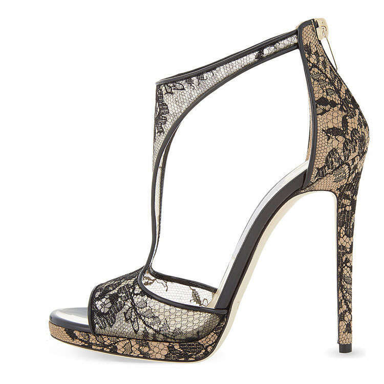 Women Black Colour Wedding Sexy lace mesh high-heeled sandals in large sizes