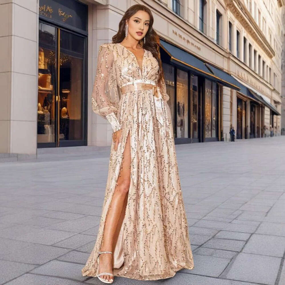 2026 European American cross-border women's new autumn mesh sequin long evening dress for banquets and events