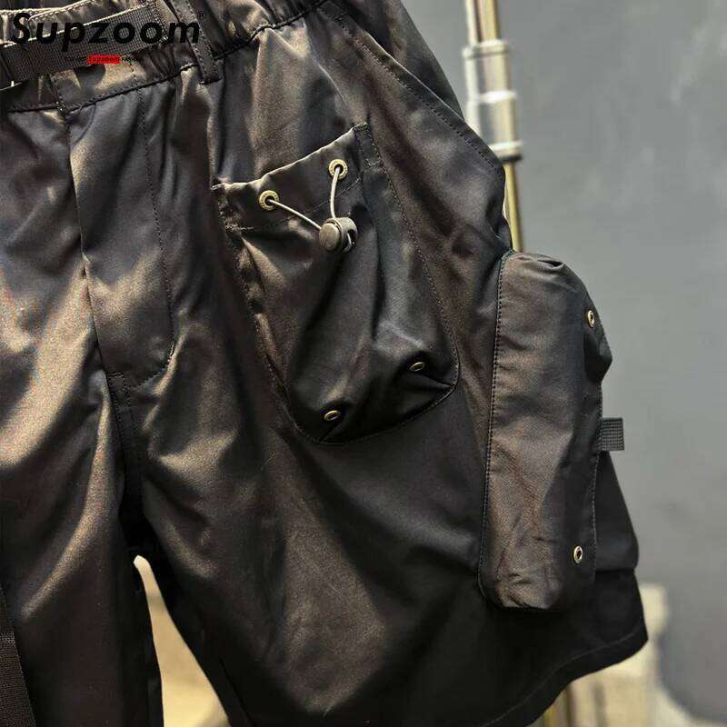 Supzoom New Arrival Top Fashion Summer Loose Casual Belt Design High Street Trendy Grid Stitching Pocket Personalized Shorts Men