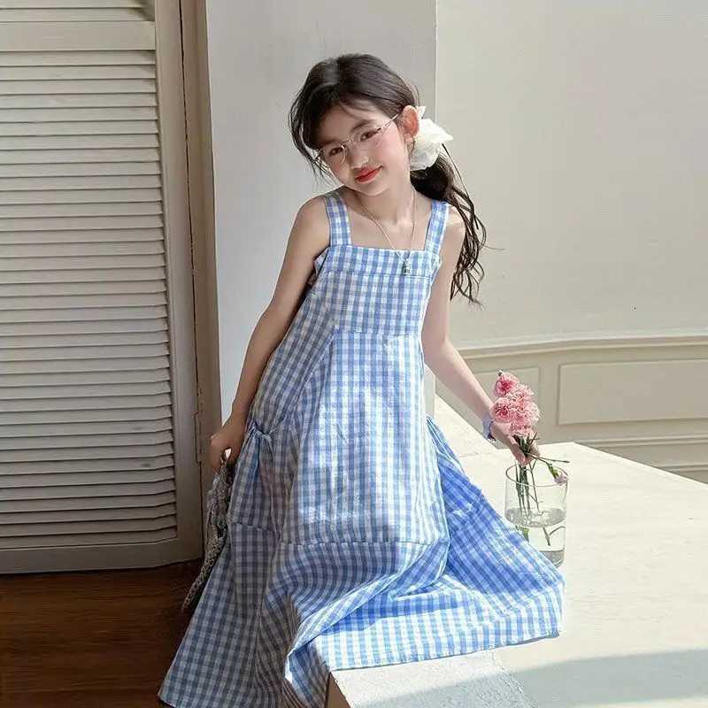 UNITIM Summer Kids Girls Sleeveless Dress Cotton Blue Plaid Children Girls Sundress 4-14Yrs Girl Dress Young Teens Girls DressesT260330