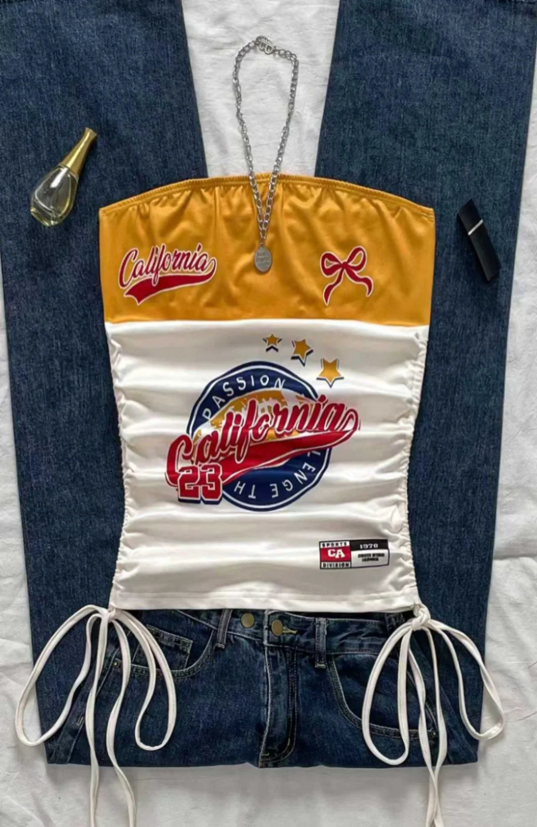 Womens casual retro drawstring front cut vest suitable for Y2K and guitar prints in spring and summer 260327