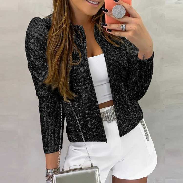 Street fashion stand up collar solid color party flash new jacket cardigan short casual versatile womenT260328