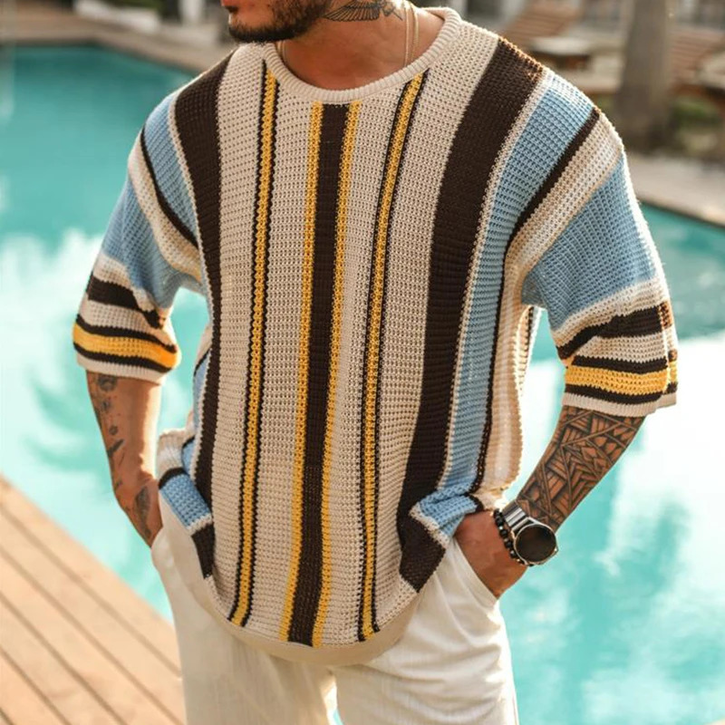 Beach Casual Breathable Hollow Out Knitted Tops Men Summer Jumpers Fashion Striped Crochet Knitting T-shirt Vintage Mens Clothes 260327