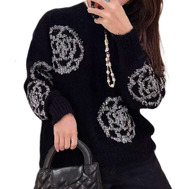 Women's Pullover Sweater, Loose Fit, Round Neck, Black, Long Sleeves, Camellia Sequin Knit Jacquard, Autumn New Model Qipao Hanfu Silk