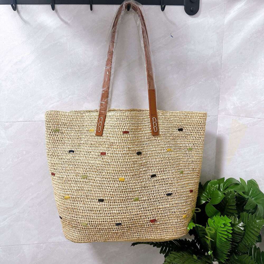 Totebag Shoulder ROSE NOIRE Japanese Style Hand Crocheted Raffia And Genuine Leather Strap Woven Women Embroidered Tote For Seaside Vacations Shoulder