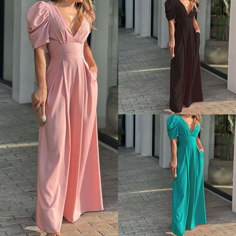 2026 Spring New Collection: Cross-Border European American Foreign Trade Women's Clothing - Fashionable and Elegant Solid Color Slim-Fit Short-Sl