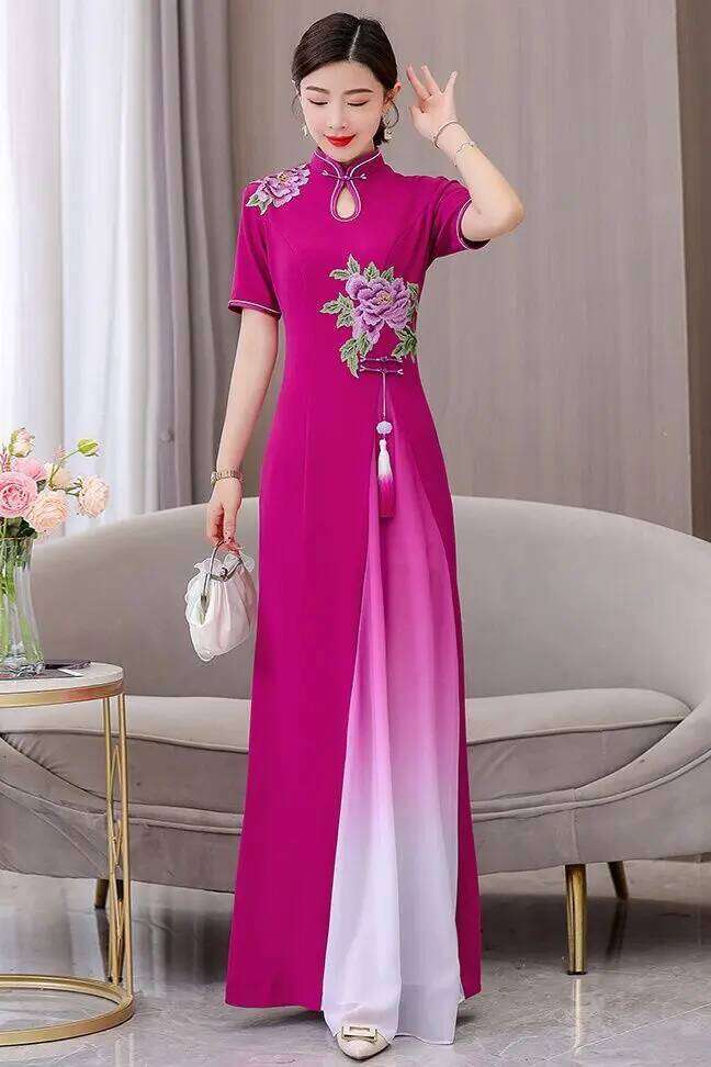 Catwalk Short Sleeve Long Improved Vietnam Audrey Ao Dai Qipao Cheongsam Dance Dress MAKOUFEI
