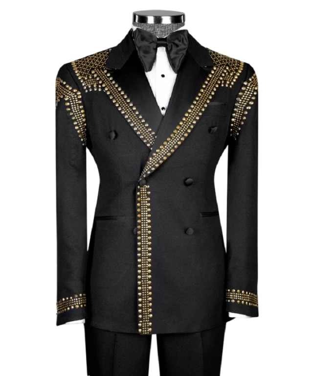 Retro Men's Jacket Beaded Groom Blazer 2 Pieces Peaked Lapel Double Breasted Tuxedo Beading Coat Customized Jacket Pants