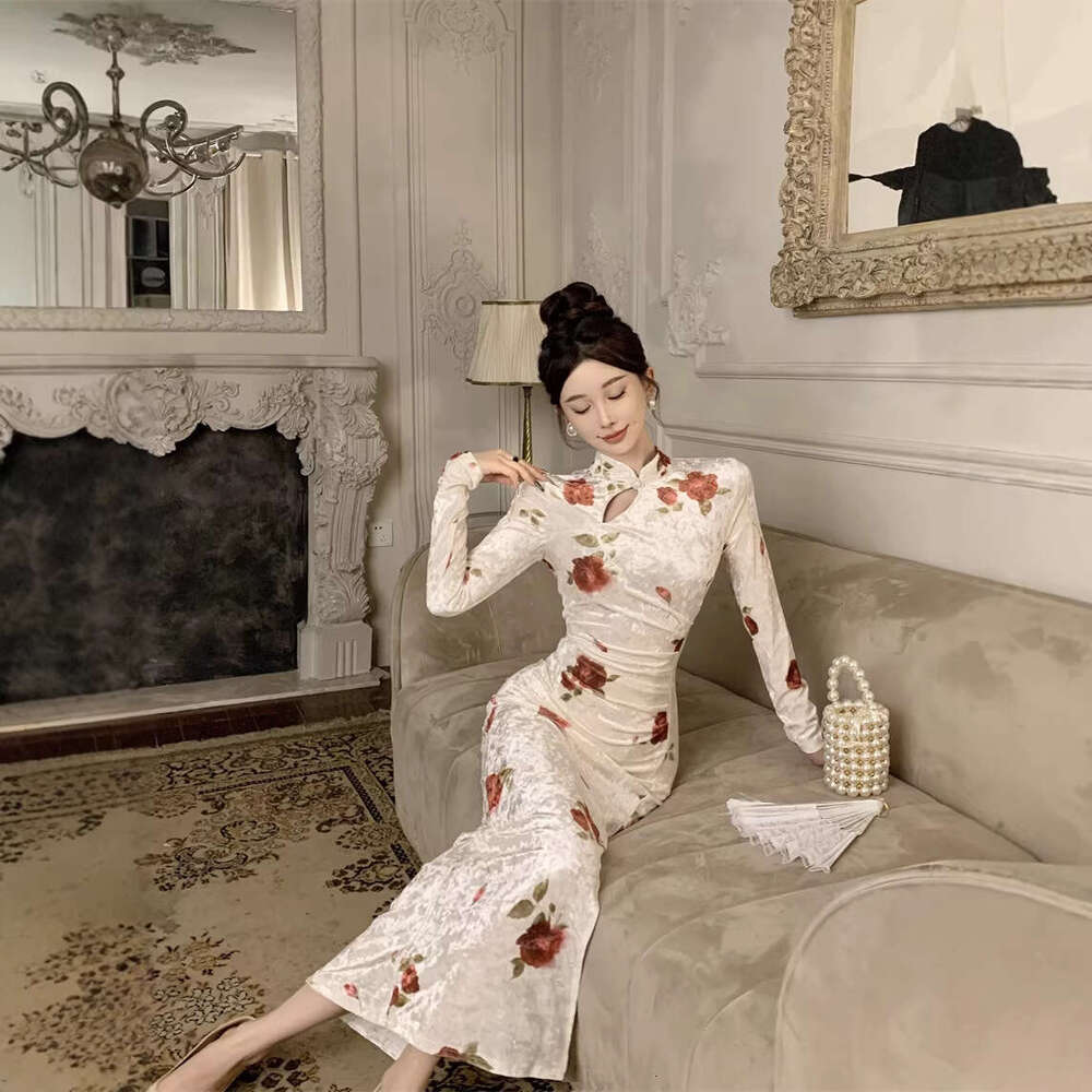 New Elegant Velvet Print Contrast Color Slim Waist Bodycon Skirt Chinese Style Modified Cheongsam Dress Qipao Hanfu Silk
