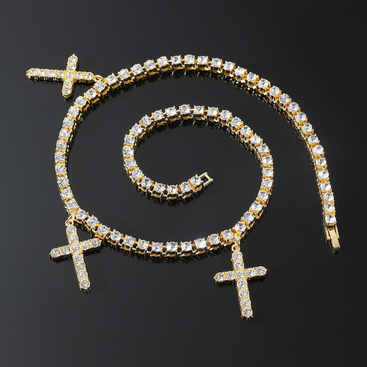 Full Diamond 3 Cross Dangle Tennis Chain Necklace Choker Hip Hop 18k Gold Plate Trendy Ins New In Iced Out Neck Accessory Crosses Pendant Collarbone C