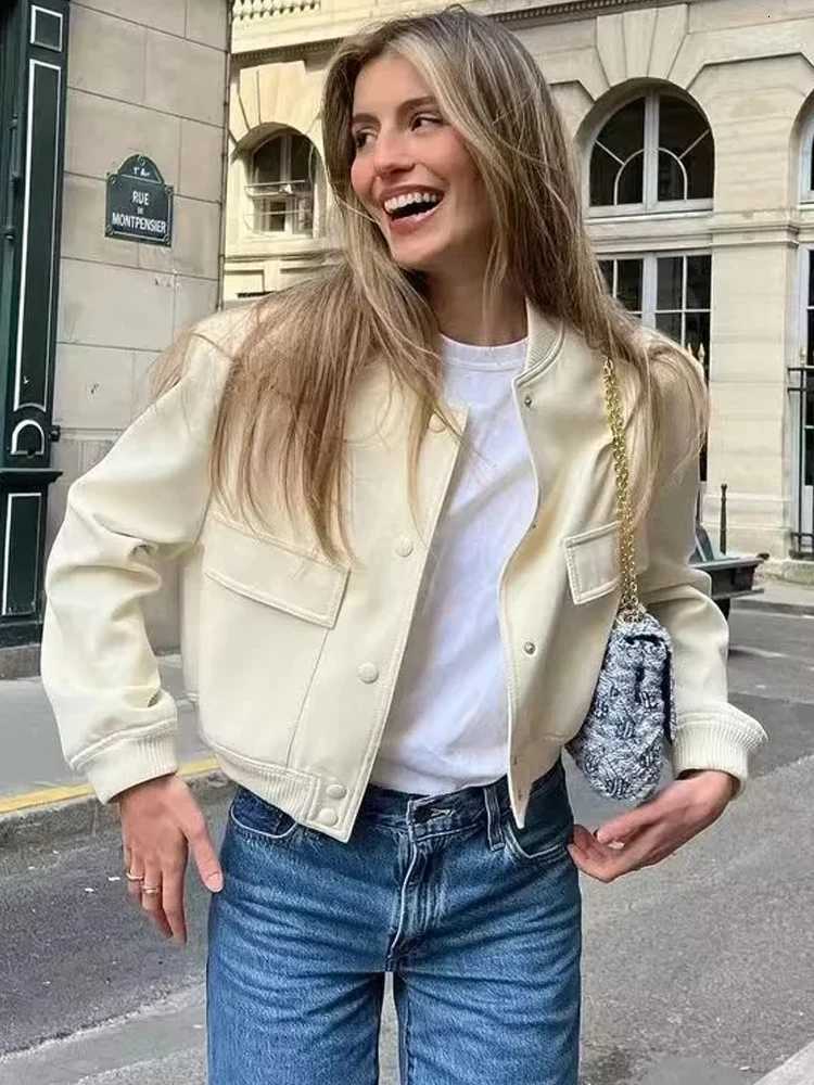 MUJER 2025 Woman Bomber Jacket White Autumn Winter Button Cropped Jackets for Women Fashion Long Sleeve Women Coats OuterwearsT260328