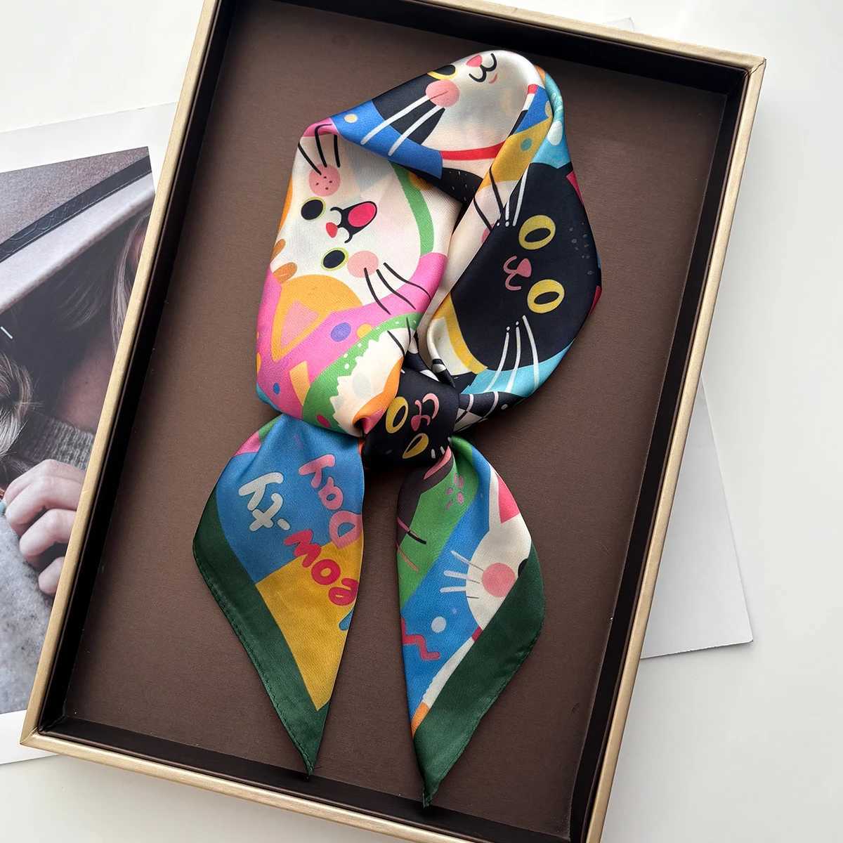 Imitation Silk Square Scarf Wen Cat Printed Fashion Accessories Hairband Foualrd Bandana Neckercheif X260328