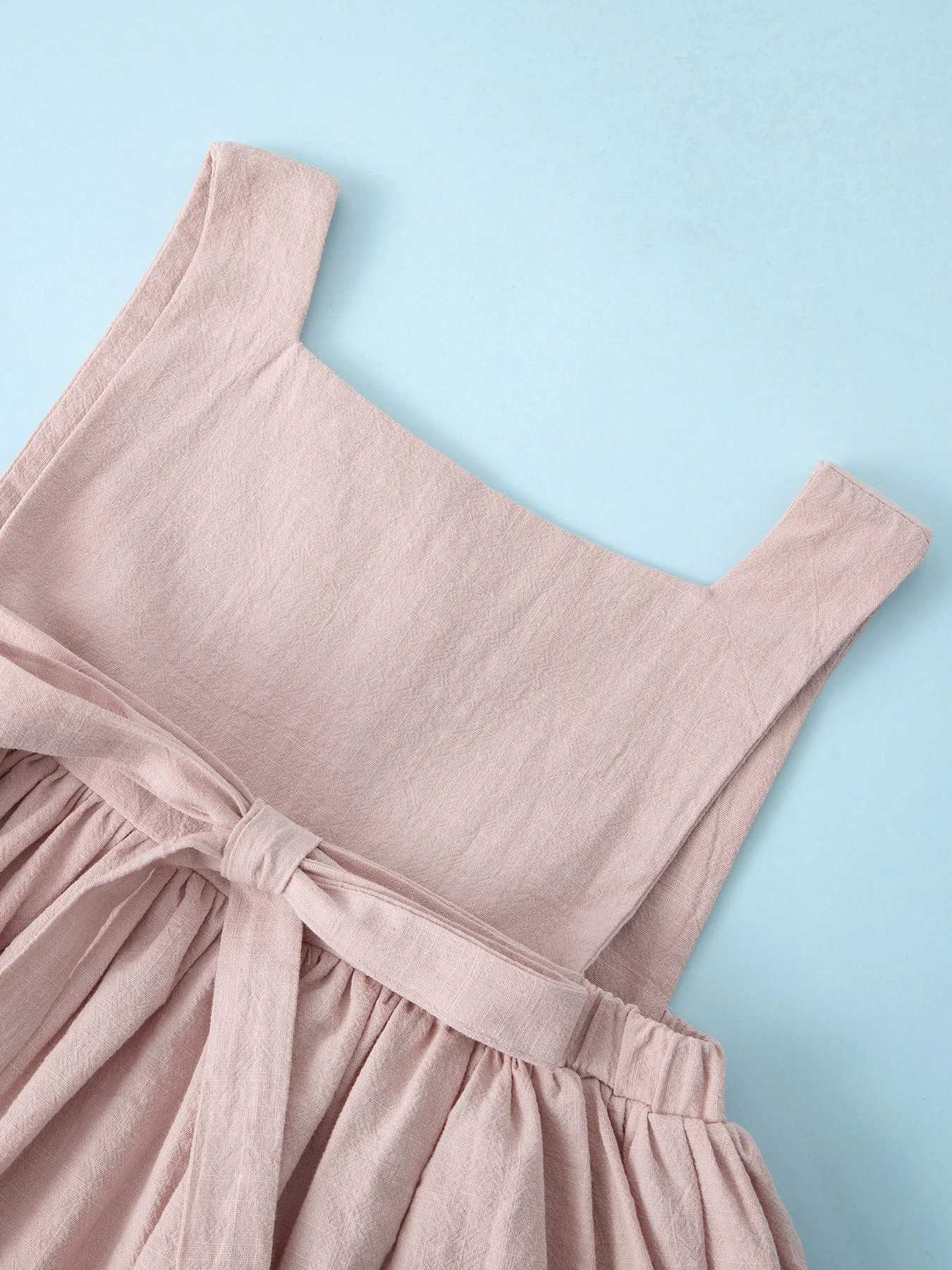 Summer kids clothes solid color suspender girl frocks linen cotton sleeveless summer dressT260330