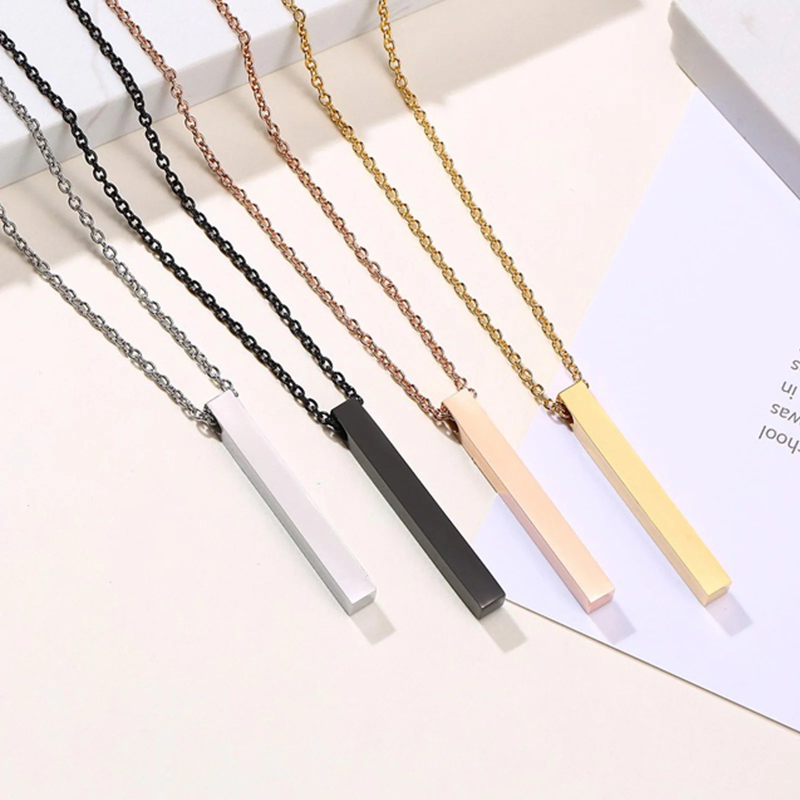 Waterproof Pillar Necklaces for Men WomenStainless Steel Rectangle Vertical Bar Pendant NecklaceSimple Casual Collar Gifts 260327