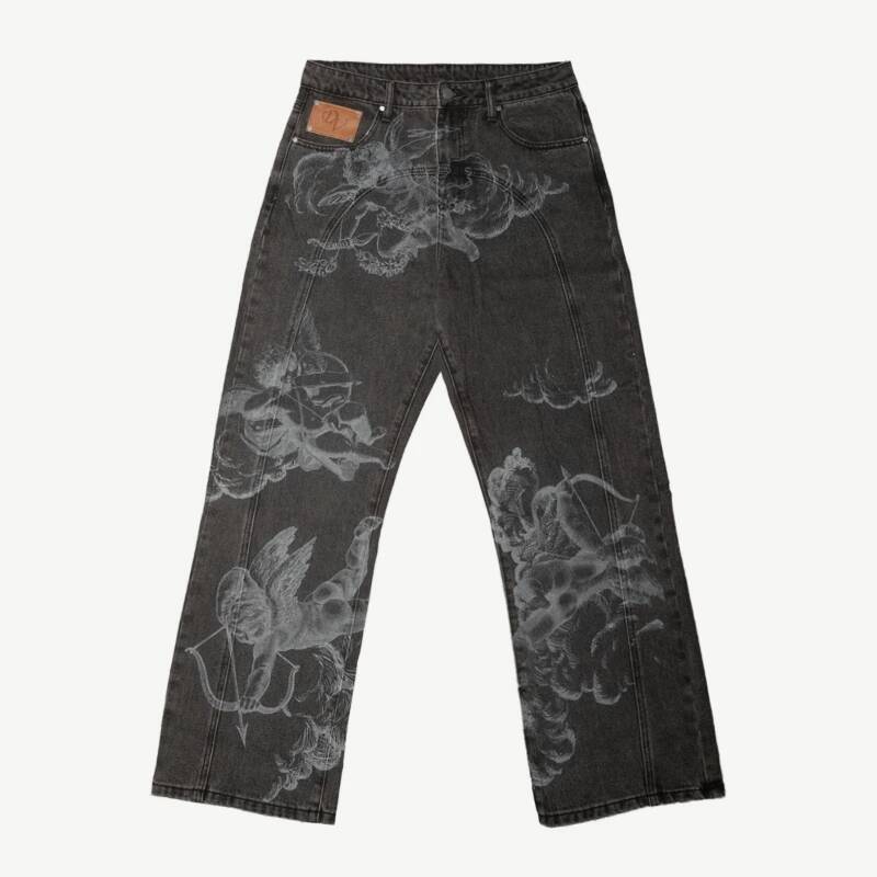Vintage Washed Angel Print Baggy Jeans Men Y2K Streetwear Wide Leg Denim Pants Retro Cupid Graphic High Waist Loose Fit Trousers