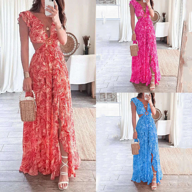 2026 Spring New Arrival: Cross-Border European and American Foreign Trade Women's Clothing - Sexy Deep V-Neck Waist-Revealing Printed Long Dress