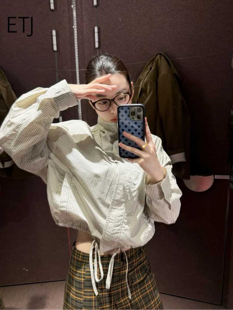 ETJ Womens Cropped Checkered Jacket High Neck Puff Sleeve Oversized Top with Drawstring Hem 2026 Spring Casual OuterwearT260328