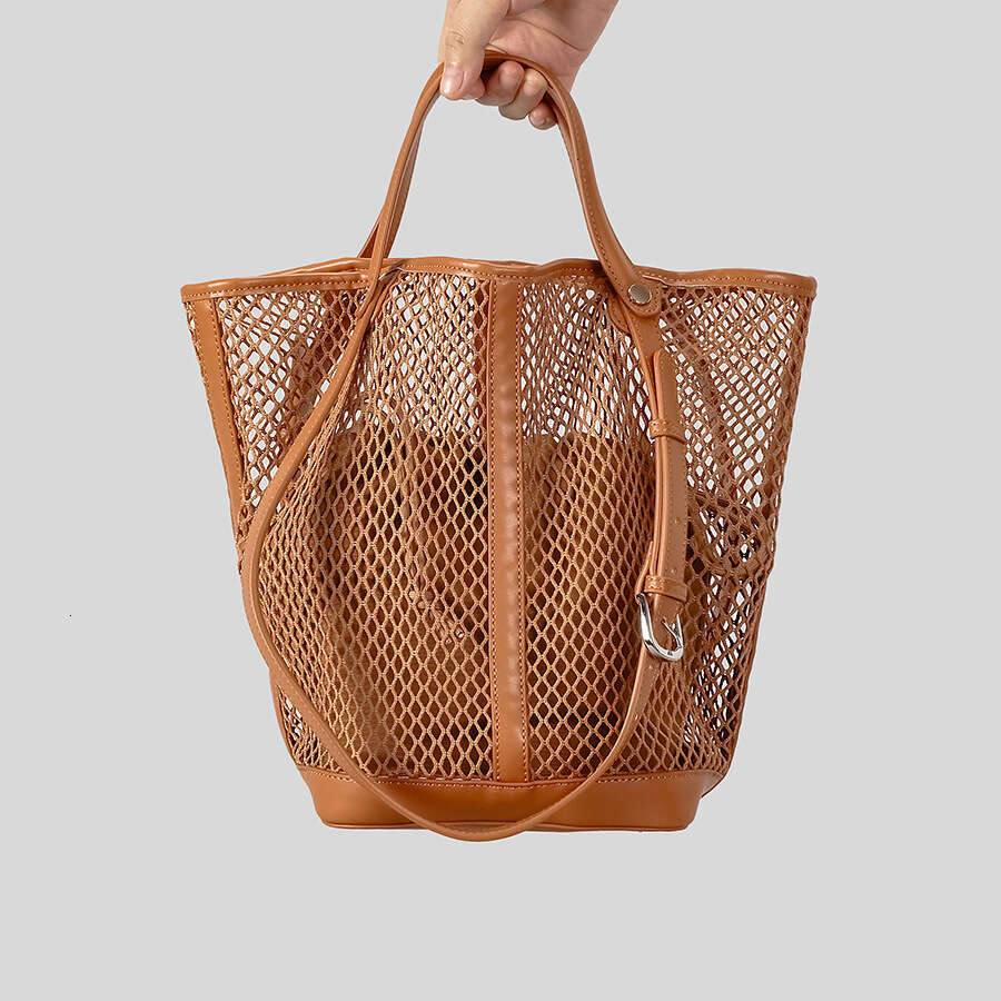 Women Celebrity Style Hollow Grid Bucket Large Capacity Woven Women S Shoulder Casual Vacation Beach Bag