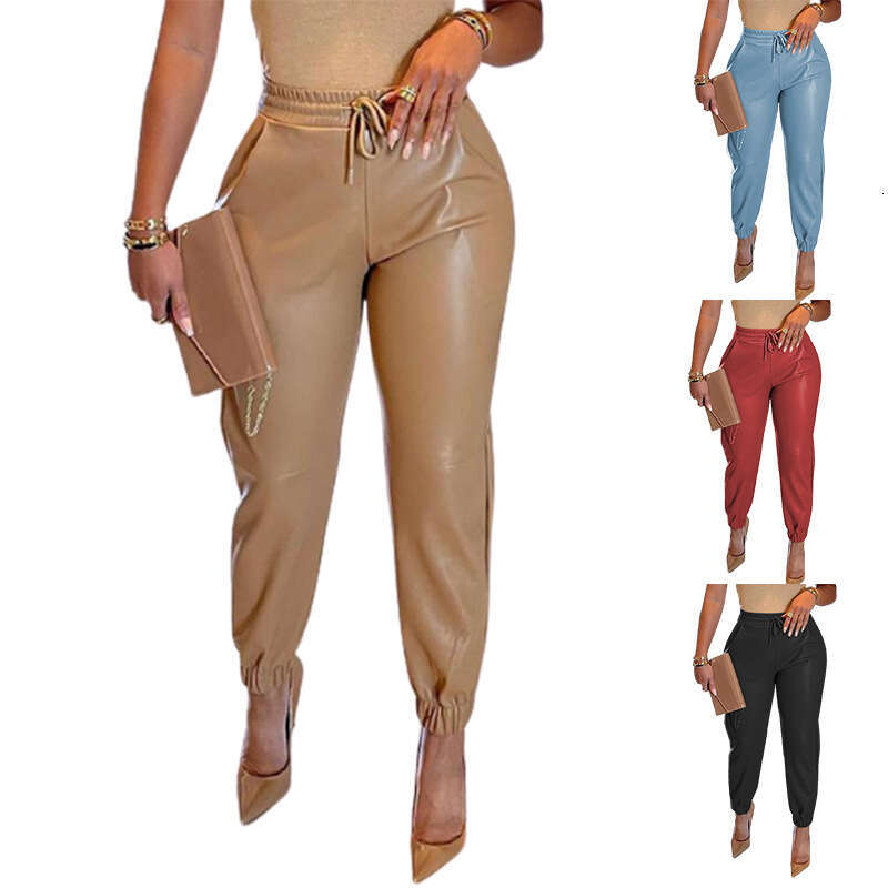 2026 Spring/Summer European and American New Arrival Solid Color Drawstring Pocket PU Leather Casual Fashion Jogger Pants for Women