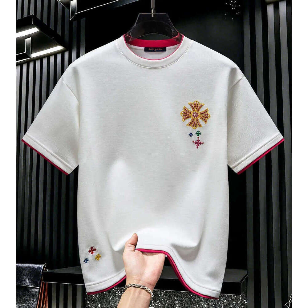 American Style 2026 New Summer Trendy Brand Cross-Embroidered Short-Sleeve T-Shirt For Men Round Neck Loose Fit Color-Blocking Half-Sleeve Luanyun Lua