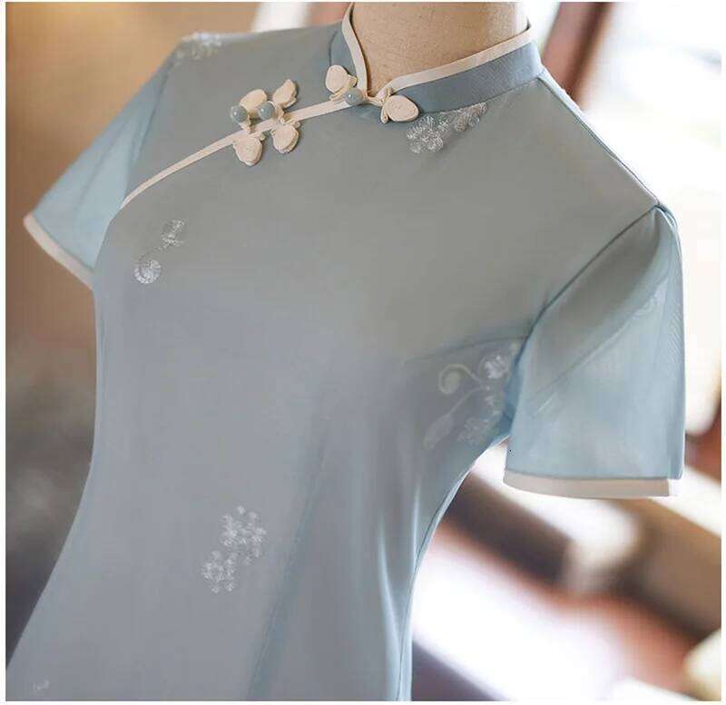 New Women Blue Long Cheongsam Summer Short Sleeve Elegant Vintage Embroidery Dress Gentle Qipao S To 2Xl High-Fashion MAKOUFEI