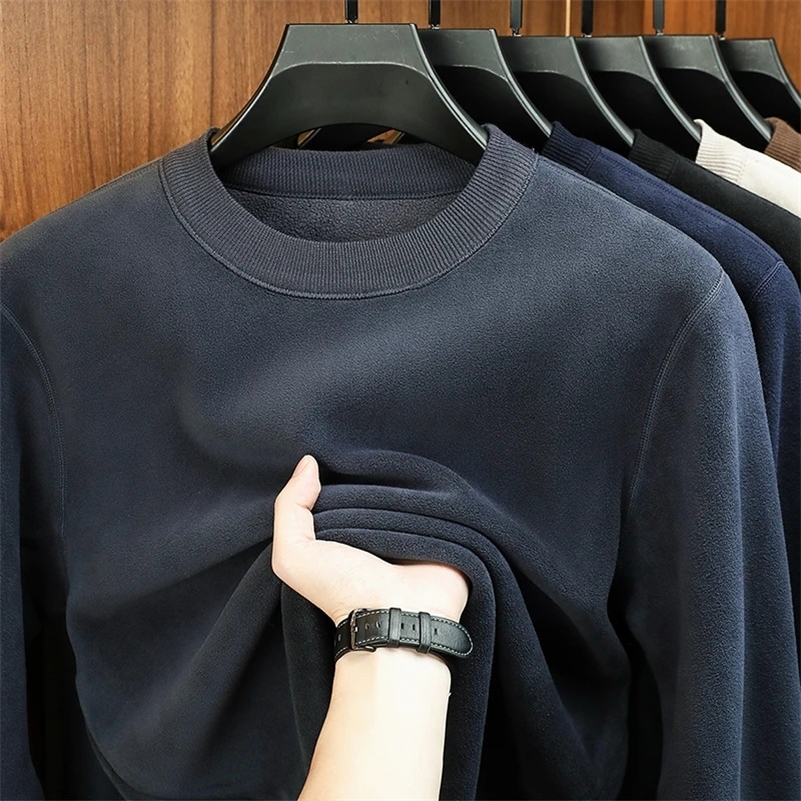 Autumn and Winter Mens Velvet Hoodie Long Sleeve Round Neck Solid Color Fashion Casual Versatile Top 260327