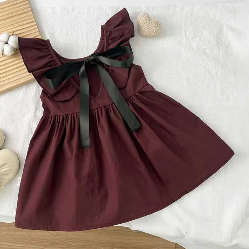 Summer Girls Ribbon Wine Red Dress Simple All-Match Girls DressT260330