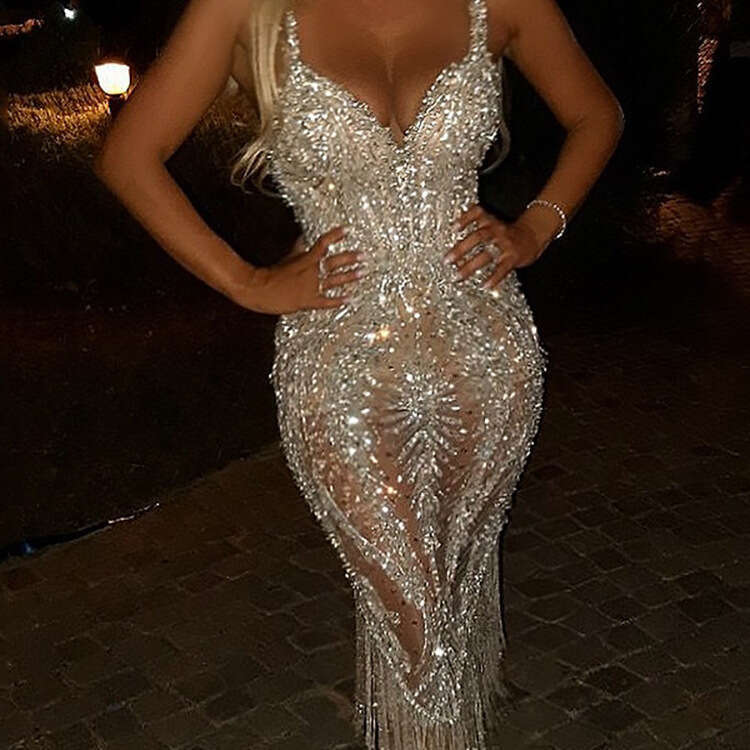 2026 New Cross-Border Foreign Trade European and American Women's Clothing Deep V Long Sleeve Sequin Dress Mini Gown