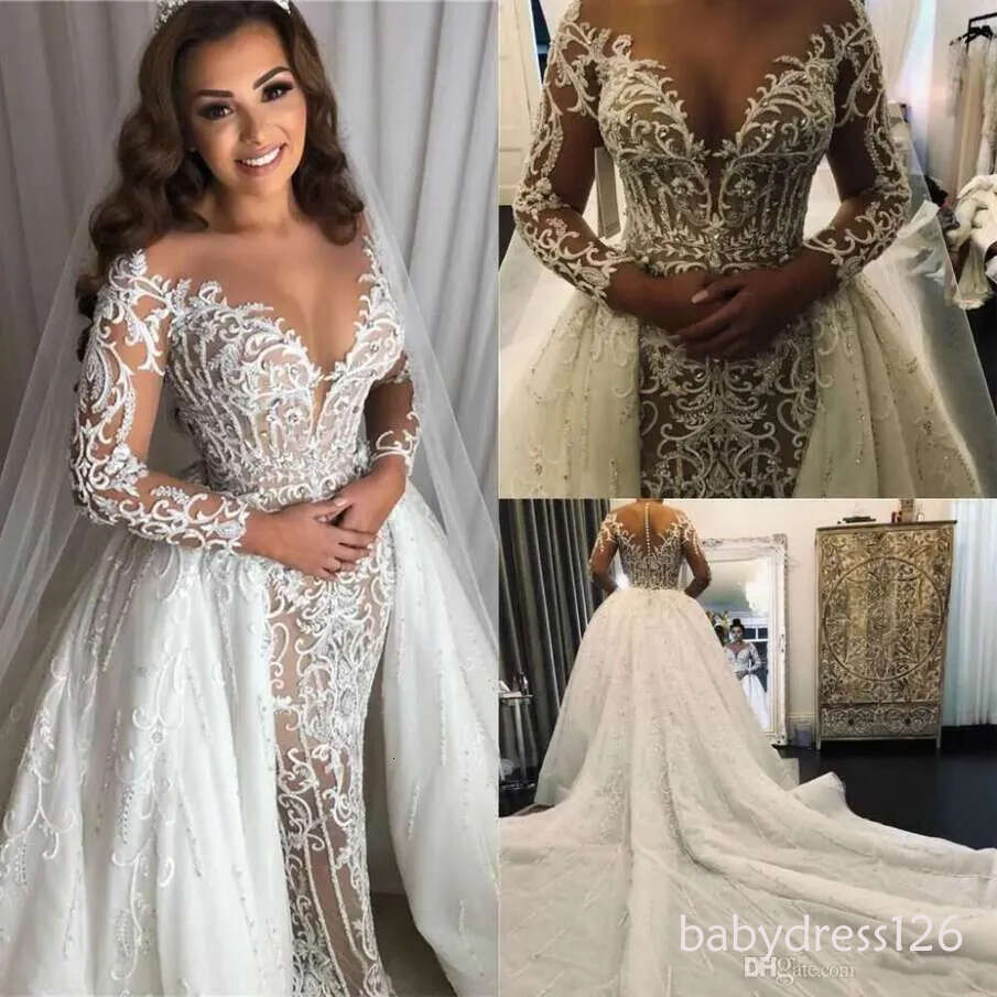sexy mermaid dresses crystal beaded lace illusion long sleeve detachable train bride gowns custom made wedding gown ZD19