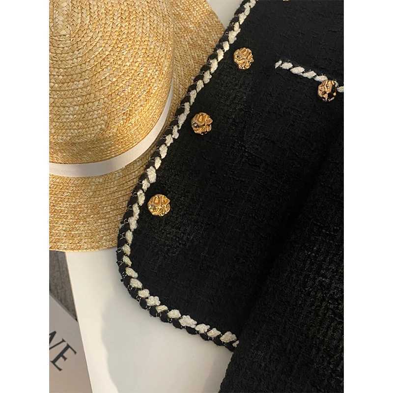 MEXZT Vintage Tweed Jacket Women Elegant Cropped Quilted Coat Commute Black Blazer Winter Ladies Korean Short Outerwear Tops NewT260328