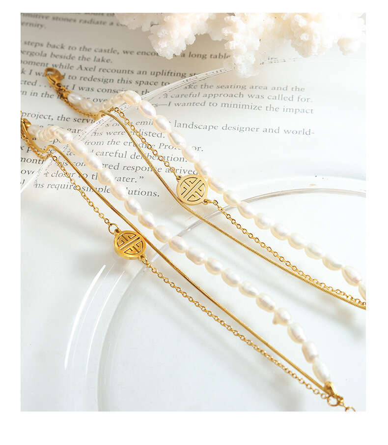 Chinese Style Ins Retro Design Simple Three-layer Fortune Charm Freshwater Pearl Gold Titanium Steel Bracelet For Women