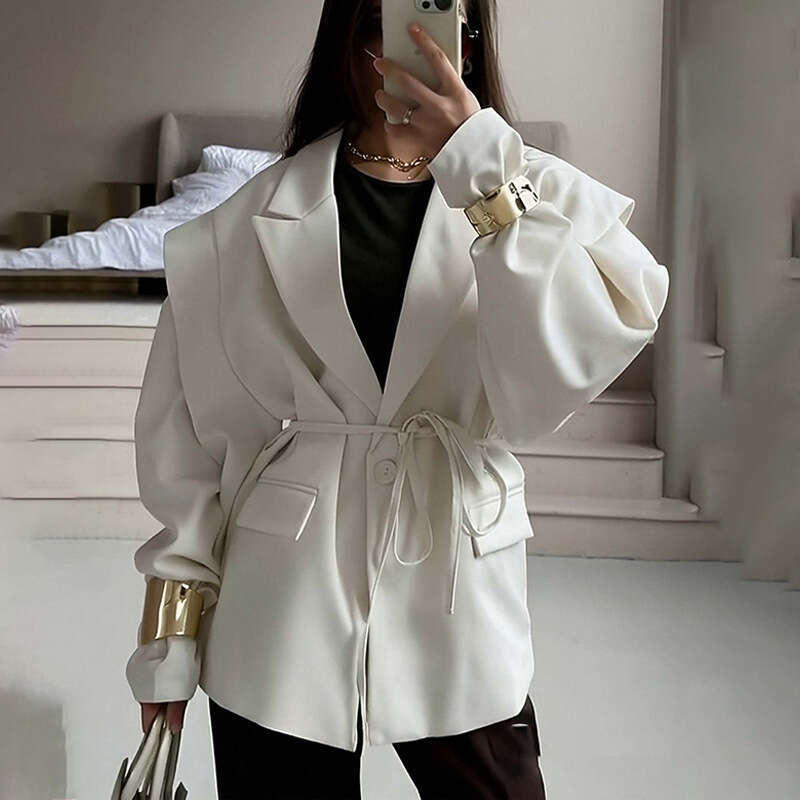 2026 New Arrival: Cross-Border European and American Foreign Trade Women's Clothing - Elegant Commuting Solid Color Belted Blazer with Suit Colla