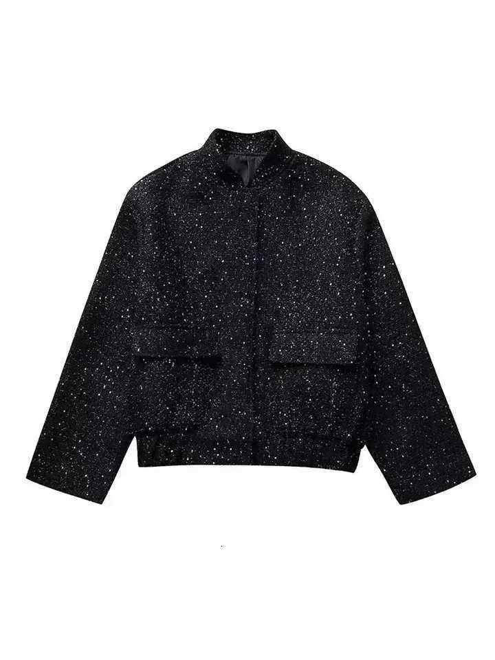 Women Shiny Sequin Jacket Y2k Gold Color Stand Collar Long Sleeve Short Coat Autumn Winter Ladies High StreetwearT260328