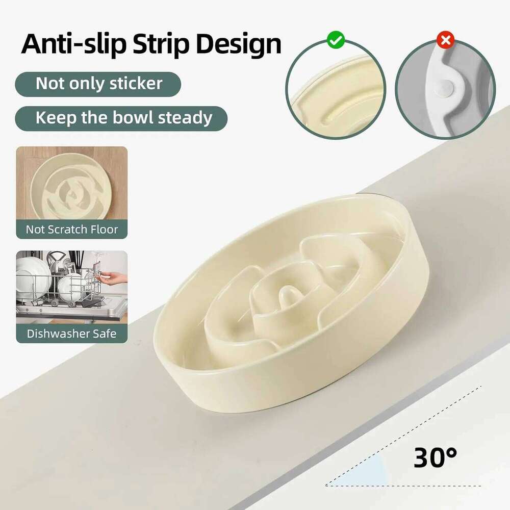 Ceramic Raised Slow Feeder Dog Bowl Set with Wooden Stand for Medium and Small Dogs, Anti-Gulping Design in Beige 26W0330