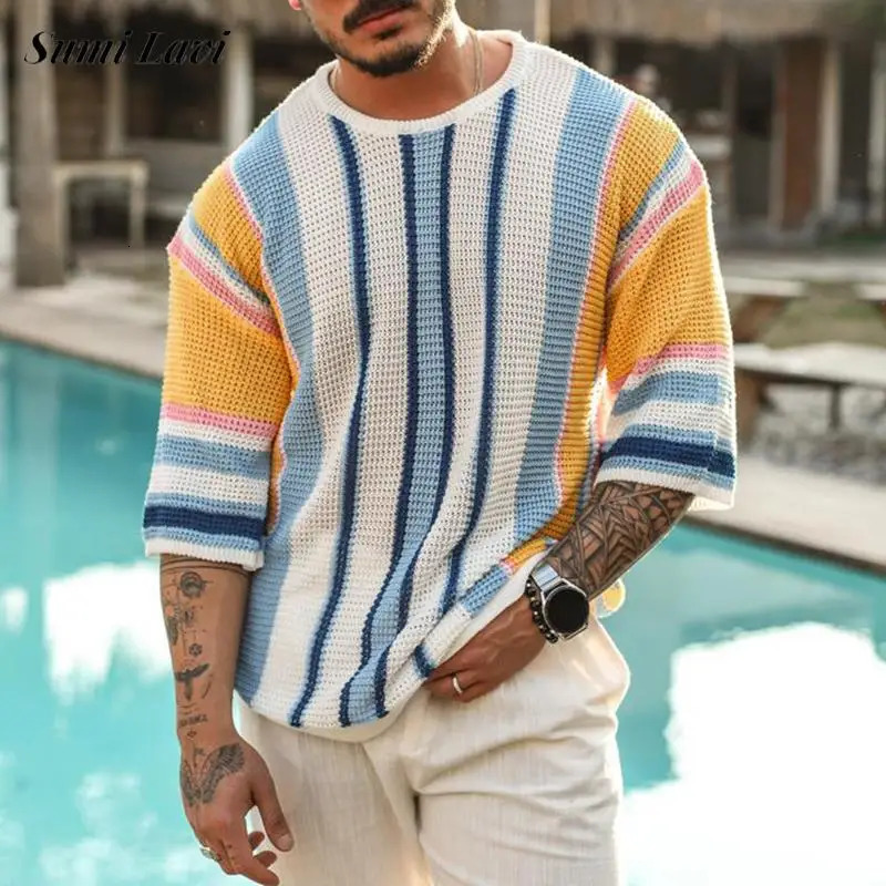 Beach Casual Breathable Hollow Out Knitted Tops Men Summer Jumpers Fashion Striped Crochet Knitting T-shirt Vintage Mens Clothes 260327