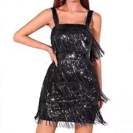 2026 European and American cross-border solid color tassel sequin strap cocktail party dress short skirt with tassels