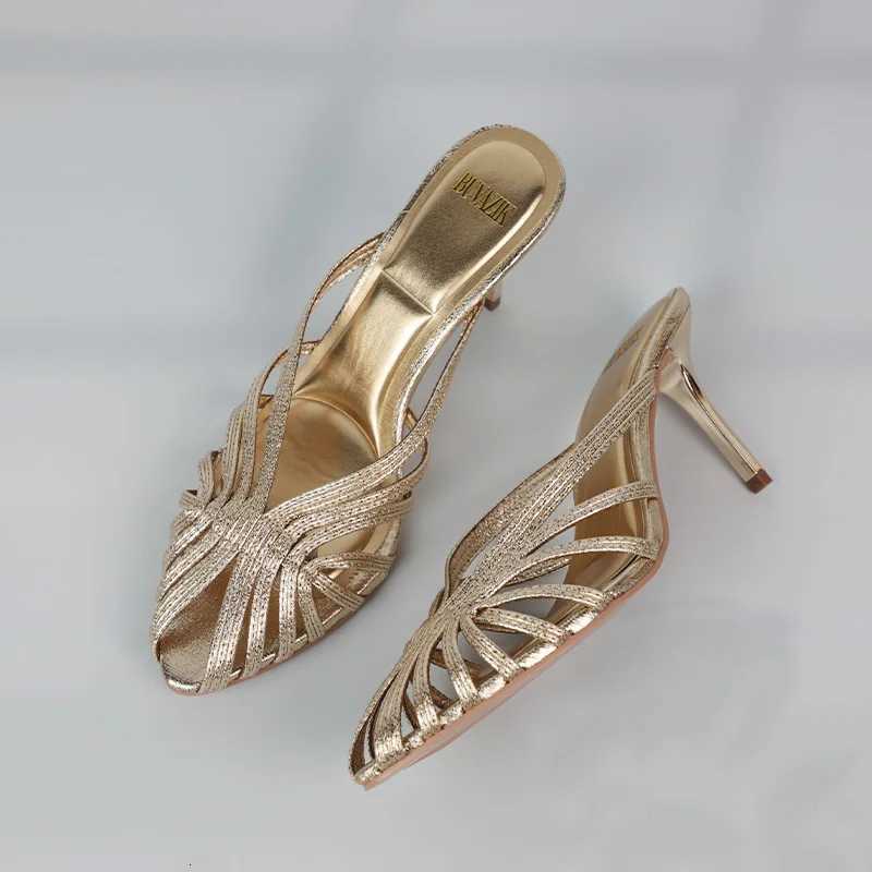 New Gold Hollow Thin Strip Heels for Women Luxury Pointed Toe Heeled Pumps Office Lady Mules Summer Stiletto Shoe Sandals 2025 Z260330