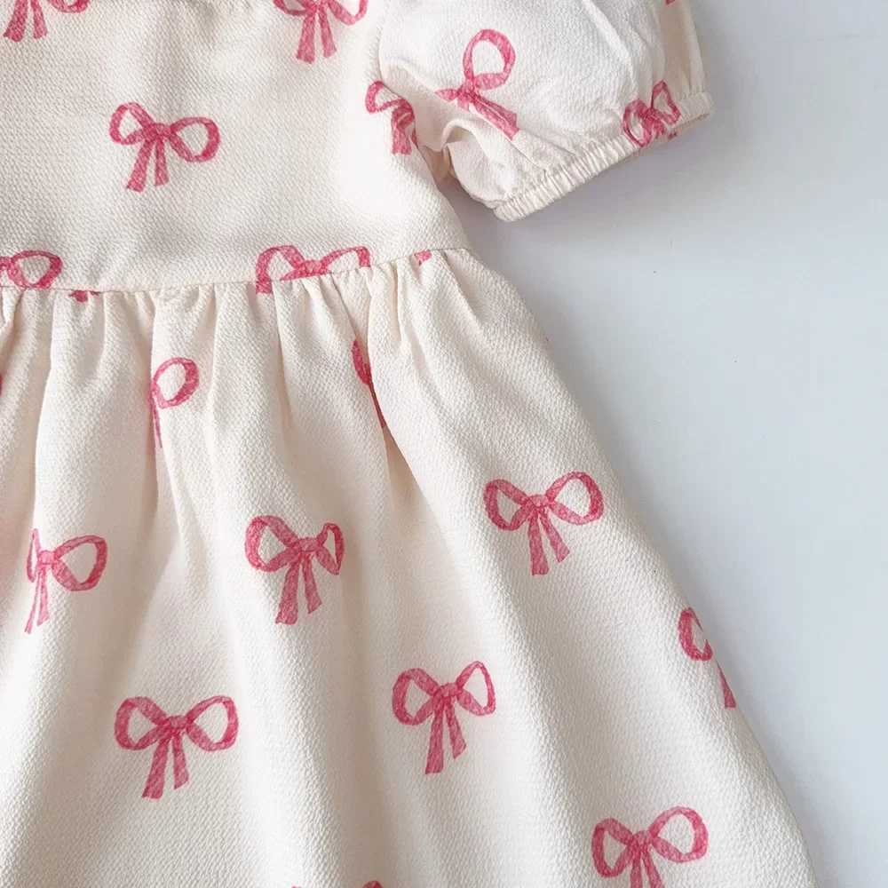 Bear Leader Summer Short Sleeved Girls Casual Dresses Pink Bow Print Square Neck Sweet Princess Dress Daily Simple Kids ClothesT260330