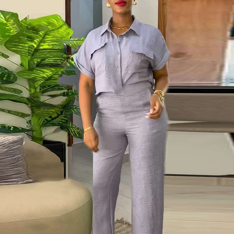 In-stock cross-border European American women's clothing 2026 summer new casual lapel short-sleeve shirt and wide-leg pants fashion set