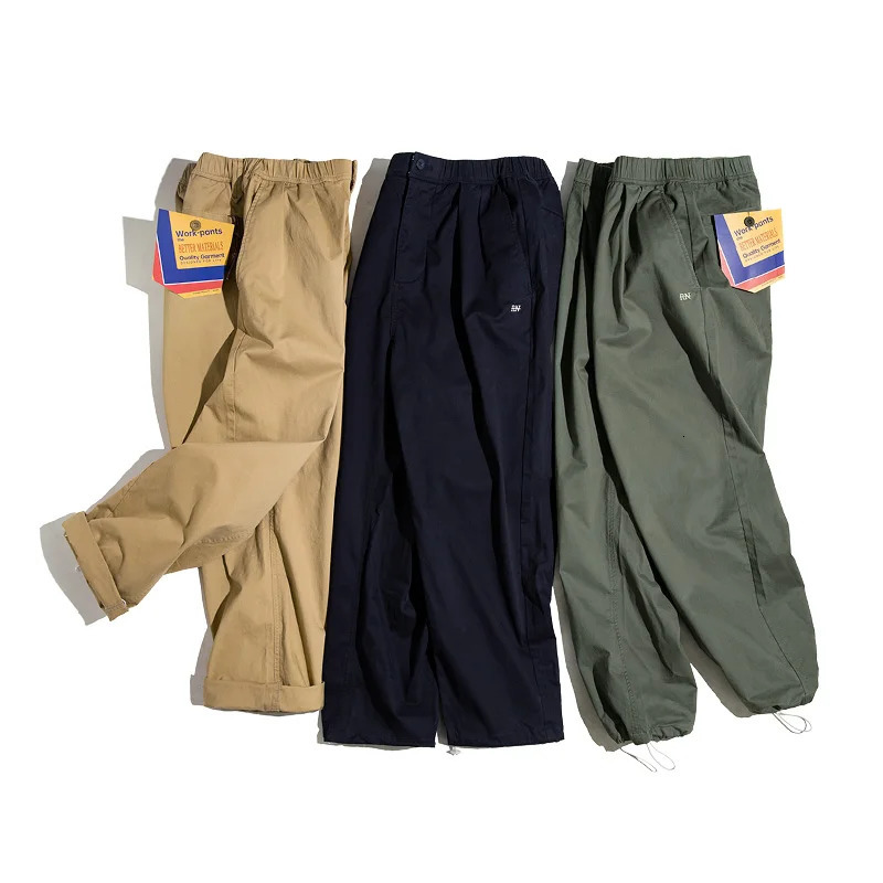 Maden Vintage Khaki Easy Pants Mens Casual Elastic Waist Straight Trousers Skateboarding Jogger Ankle-tied Drawstring Pants 260326