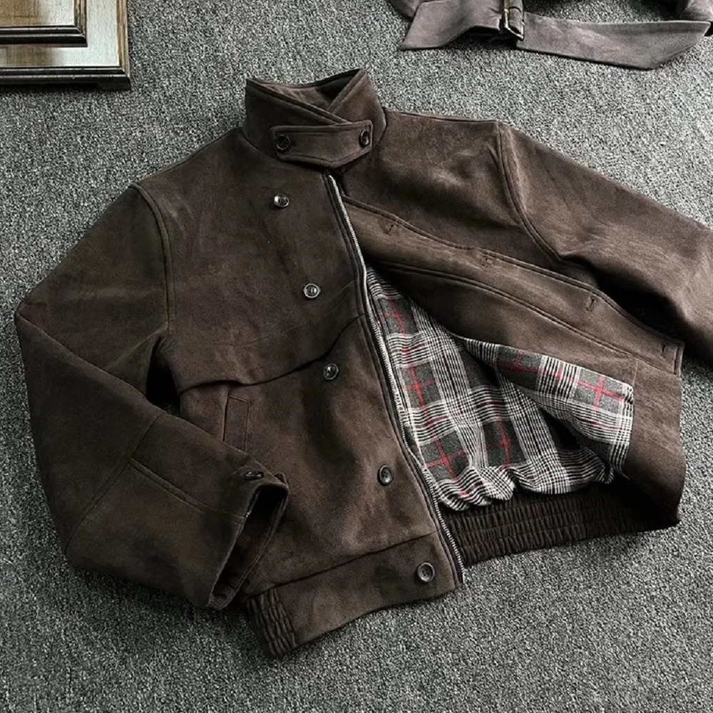 Mauroicardi Spring Autumn Cool Short Soft Brown Faux Suede Leather Jacket Men Turn-down Collar Zipper Clothes 260327
