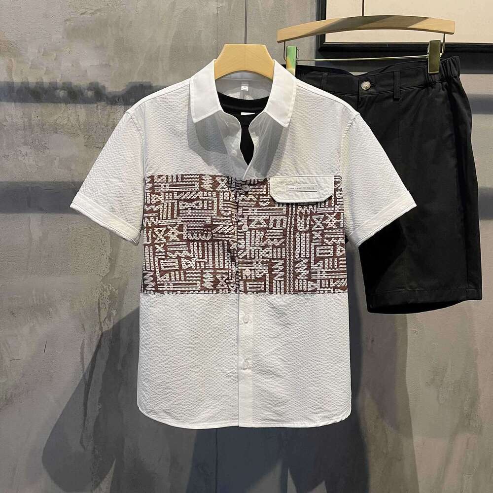 Stylish Color-Block Short-Sleeve Shirt Jacket 2024 Summer New Loose-Fit Casual Men's Top